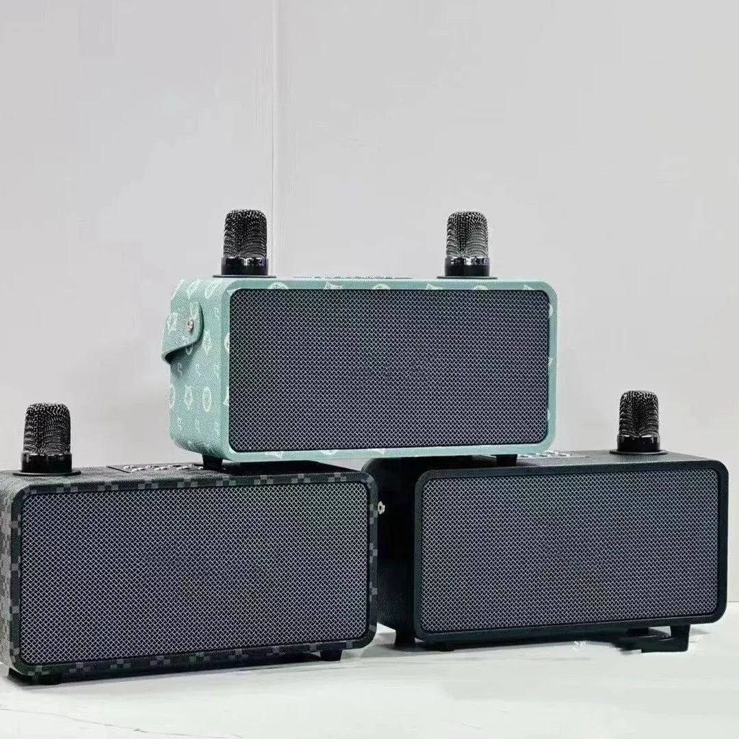 Black, square gray, or flower blue Bluetooth karaoke speaker with microphone, 20W, lithium battery, and card insertion.