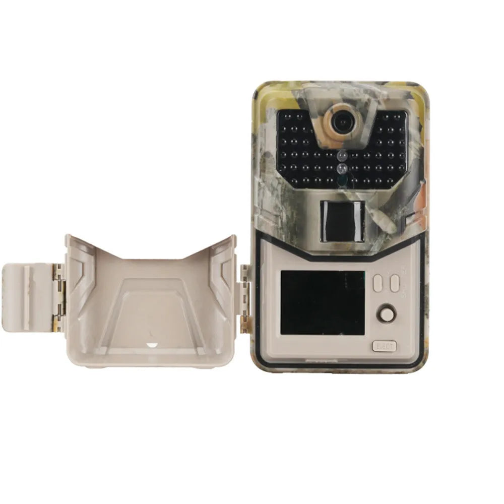 Camouflage trail camera with LCD screen showing a night-time infrared image of a deer.