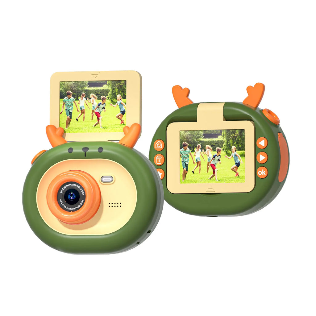 Purple and dark green children's digital camera with flip screen showing front and back views with accessories