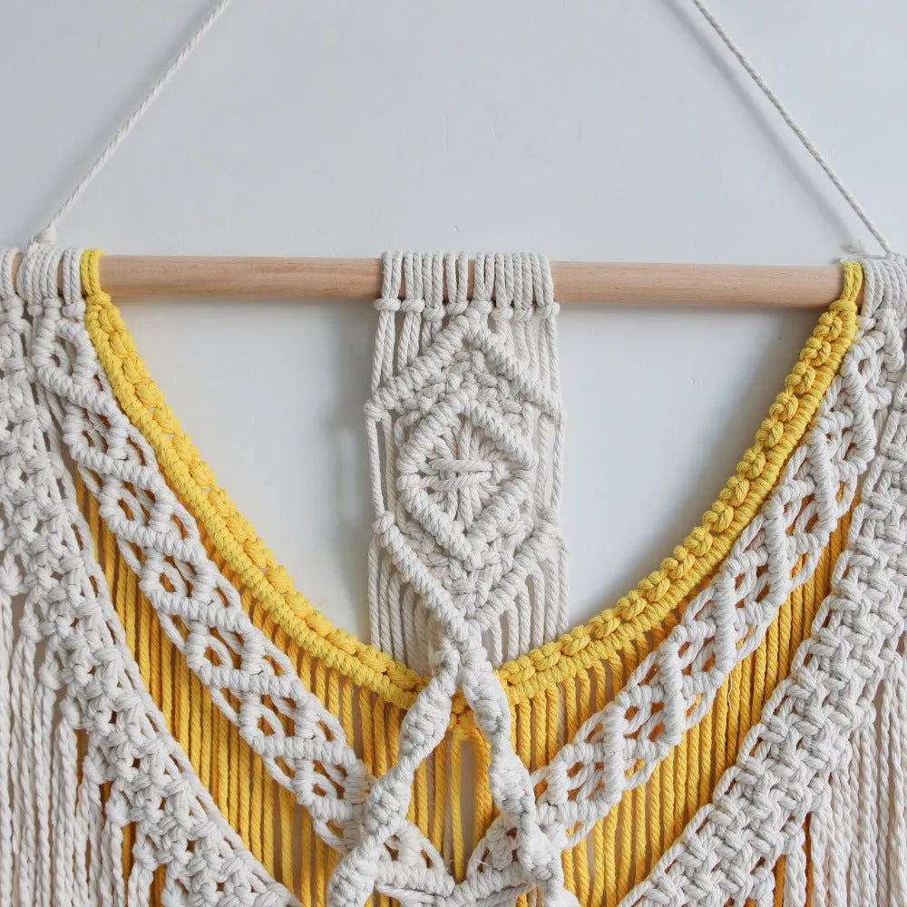 Nordic style hand-woven cotton tapestry wall hanging creamy white with yellow accents 120x95cm