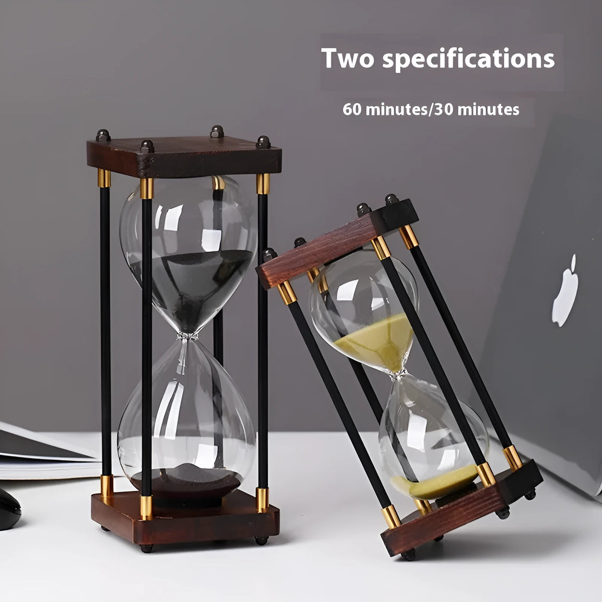 Solid wood hourglass timer in 30 or 60 minutes with coloured sand for office, home, writing, or gift use