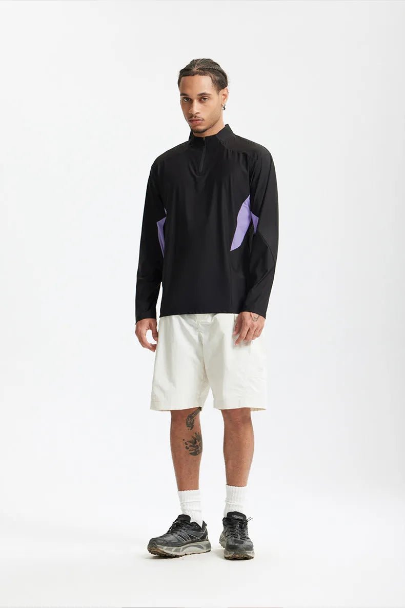Men's solid colour polyester leisure top showing long and short sleeve options in black and beige colours