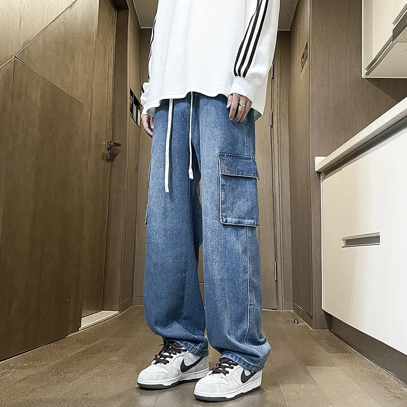 Men's cotton straight leg jeans in light blue, size M-3XL, simple workwear style for spring