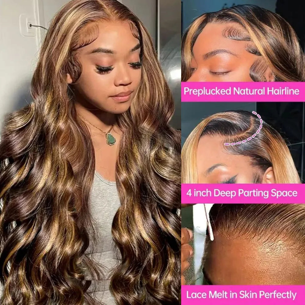 Women's long curly brown big wave lace wig with piano color highlights, side view