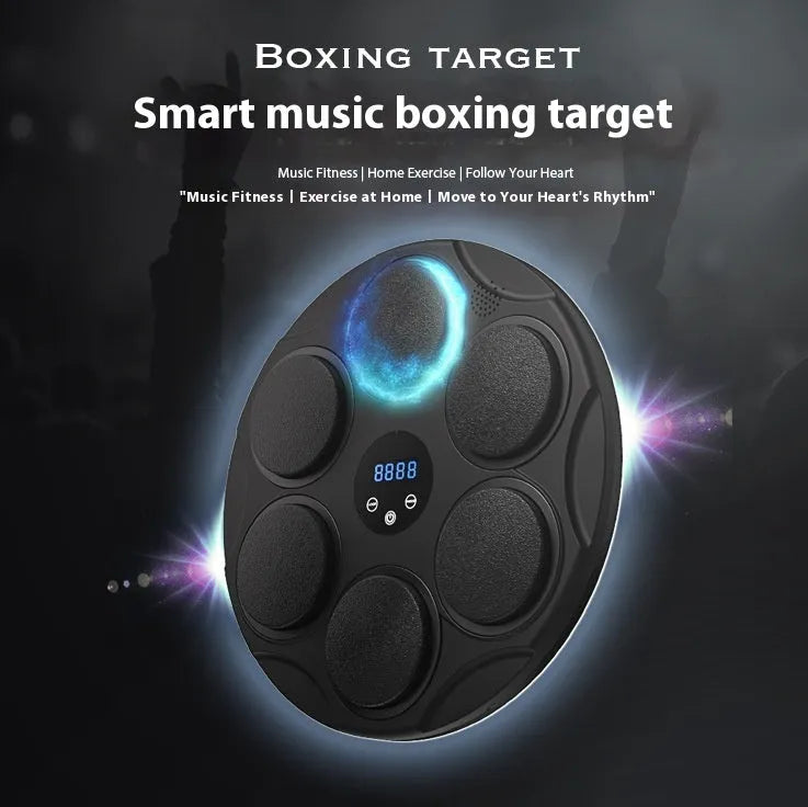 Black smart Bluetooth boxing target with coloured LED lights mounted on wall for fitness training