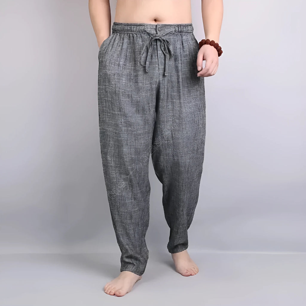 Men's retro linen harem pants solid colour elastic waist brown linen gray polyester fibre fabric