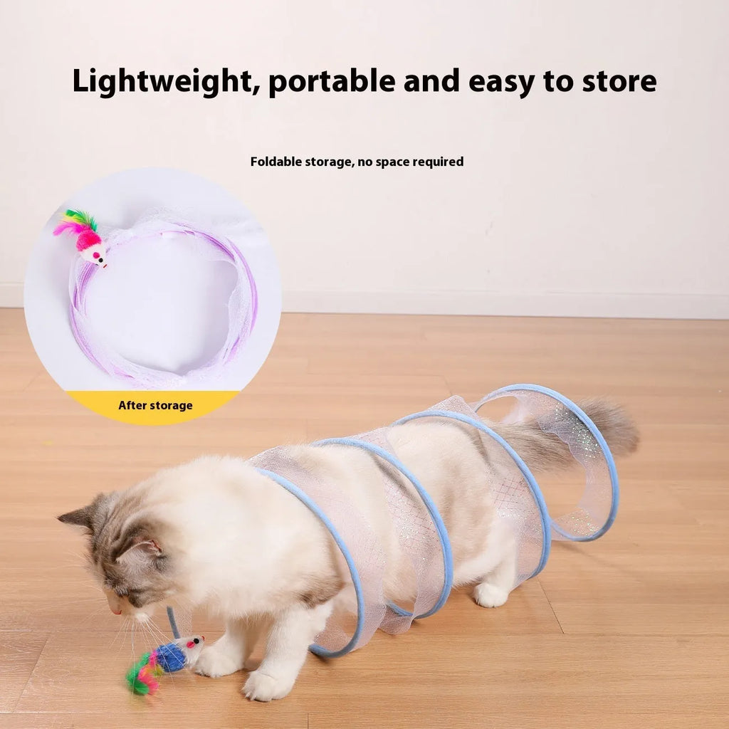 S-type steel frame cat tunnel with elastic netting and dangling feather toys for feline play