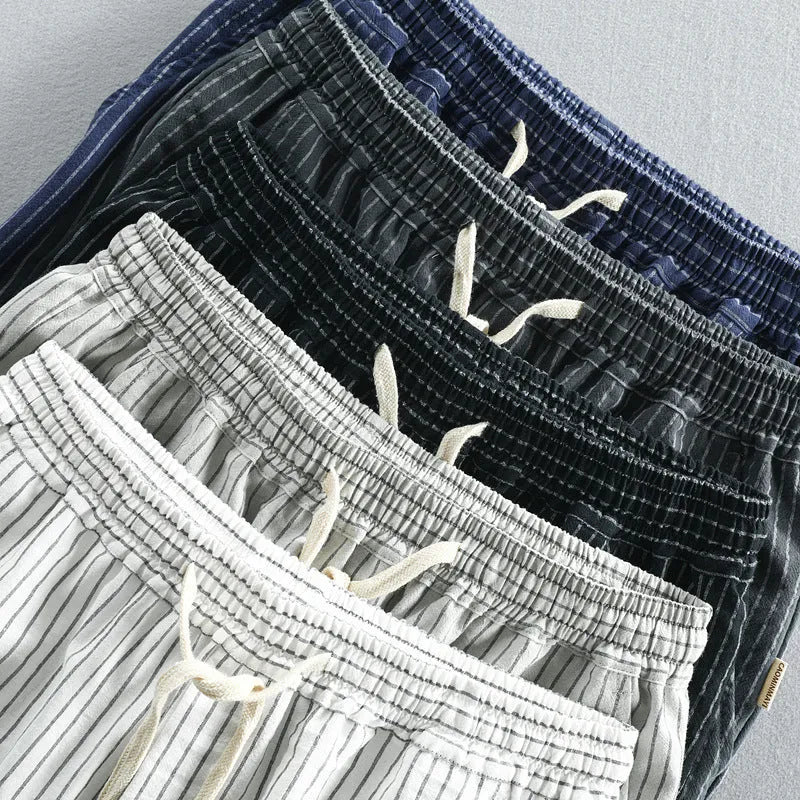 Men's striped cotton casual shorts with elastic waist in multiple colour options