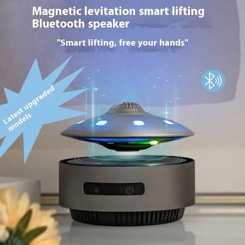 Automatic lifting magnetic levitation Bluetooth speaker hovering above its base.