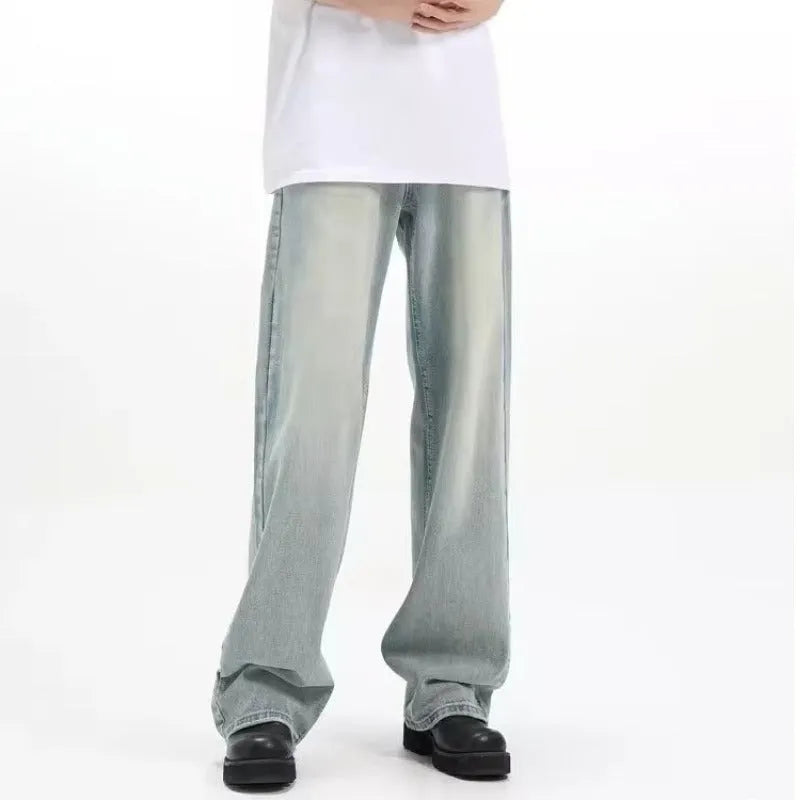 Blue loose-fit retro casual trousers made from high-elasticity rabbit fur fabric on a size chart.