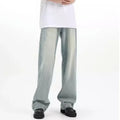 Blue loose-fit retro casual trousers made from high-elasticity rabbit fur fabric on a size chart.