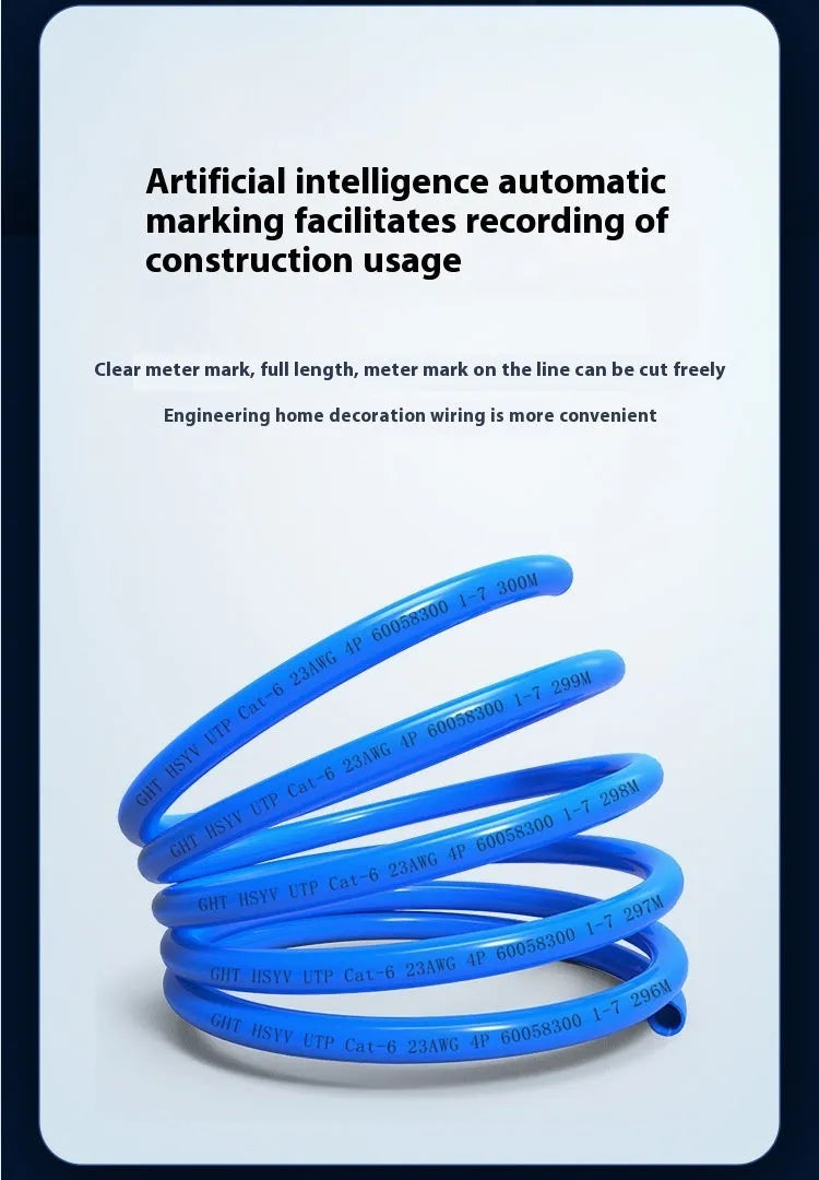 A large reel of blue or grey Cat 6A gigabit ethernet cable with oxygen-free copper conductors, showing 305m length.