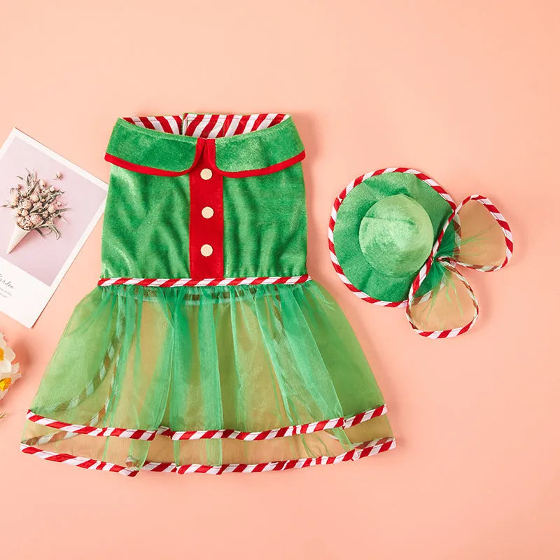Pet green gauze skirt hat suit on a dog, flannel knitted fabric Christmas outfit