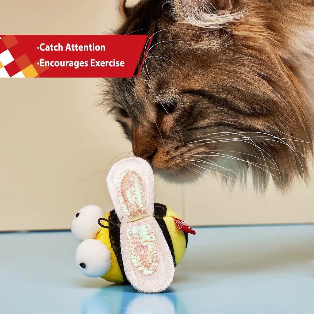 Yellow flannelette bee-shaped interactive cat toy with electronic squeaking mechanism