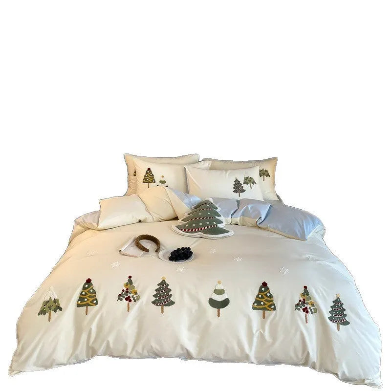 Christmas tree embroidered cotton four-piece bed sheet set with plants pattern in cream blue or green