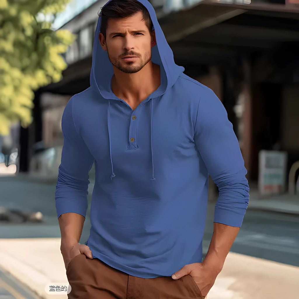 Cotton pullover hoodie in dark blue, apricot, black, blue, white, or light green with long sleeves.
