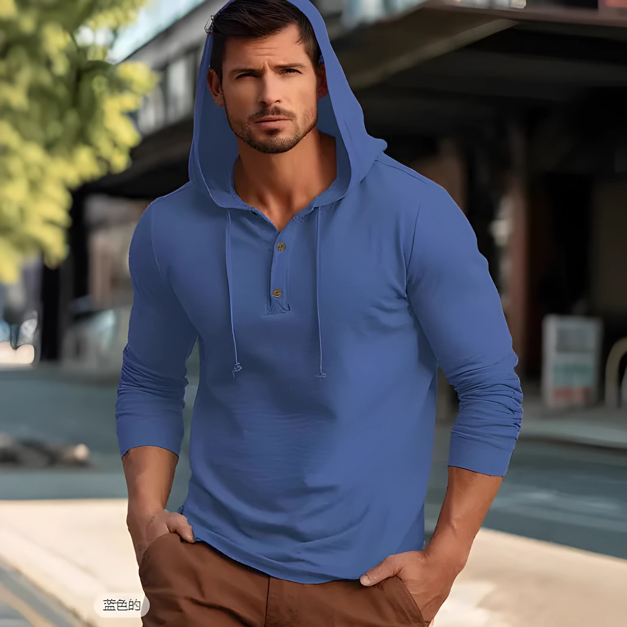 Cotton pullover hoodie in dark blue, apricot, black, blue, white, or light green with long sleeves.