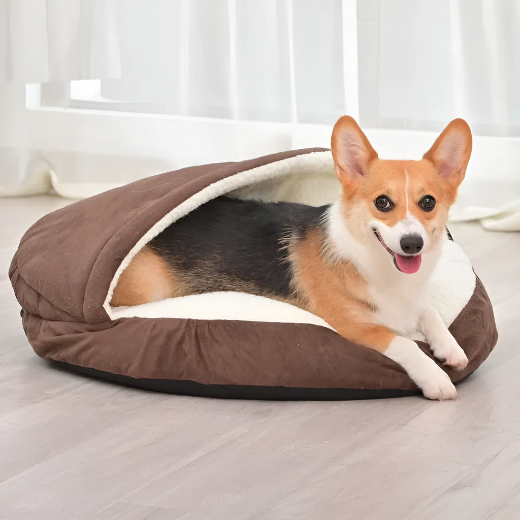 Brown cloth dog kennel with a removable washable cover shown next to a grey version.