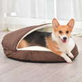 Brown cloth dog kennel with a removable washable cover shown next to a grey version.