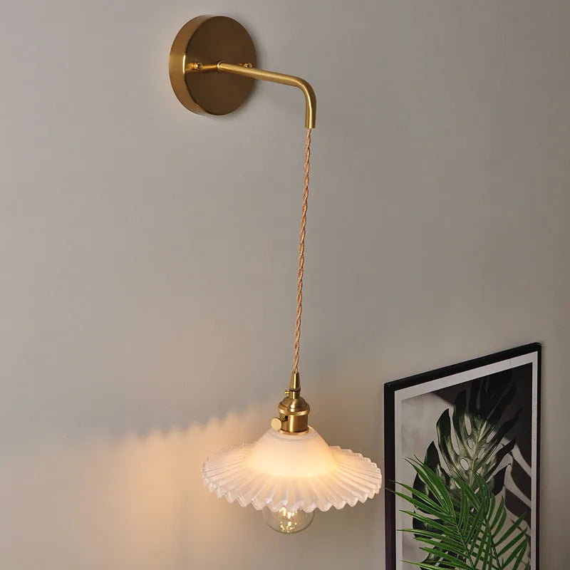 Retro brass lotus wall lamp with copper construction and glass shade in six colour options