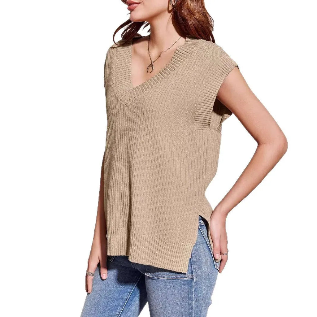 Women's V-neck sleeveless loose pullover vest in viscose fabric, shown in striped or plaid pattern