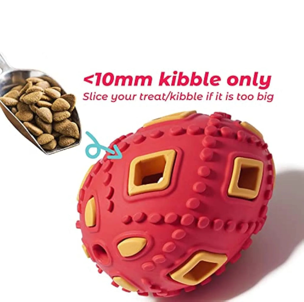 Egg-shaped puppy teething chew toy with hollow treat centre, ragged surface, purple or red, for small dogs.