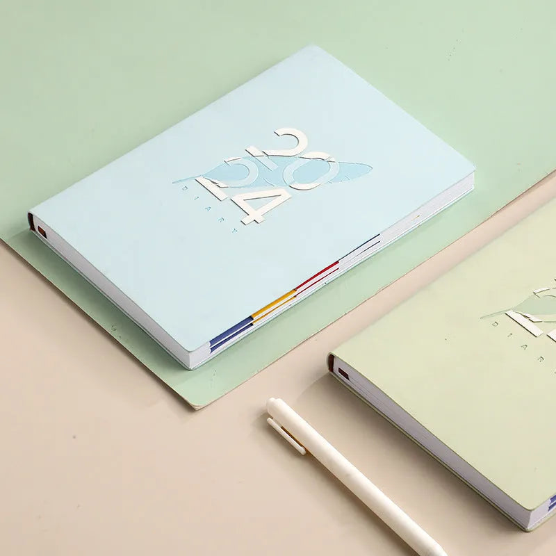 2024 English daily planner with imitation leather cover in blue, A5 size, open to a daily schedule page