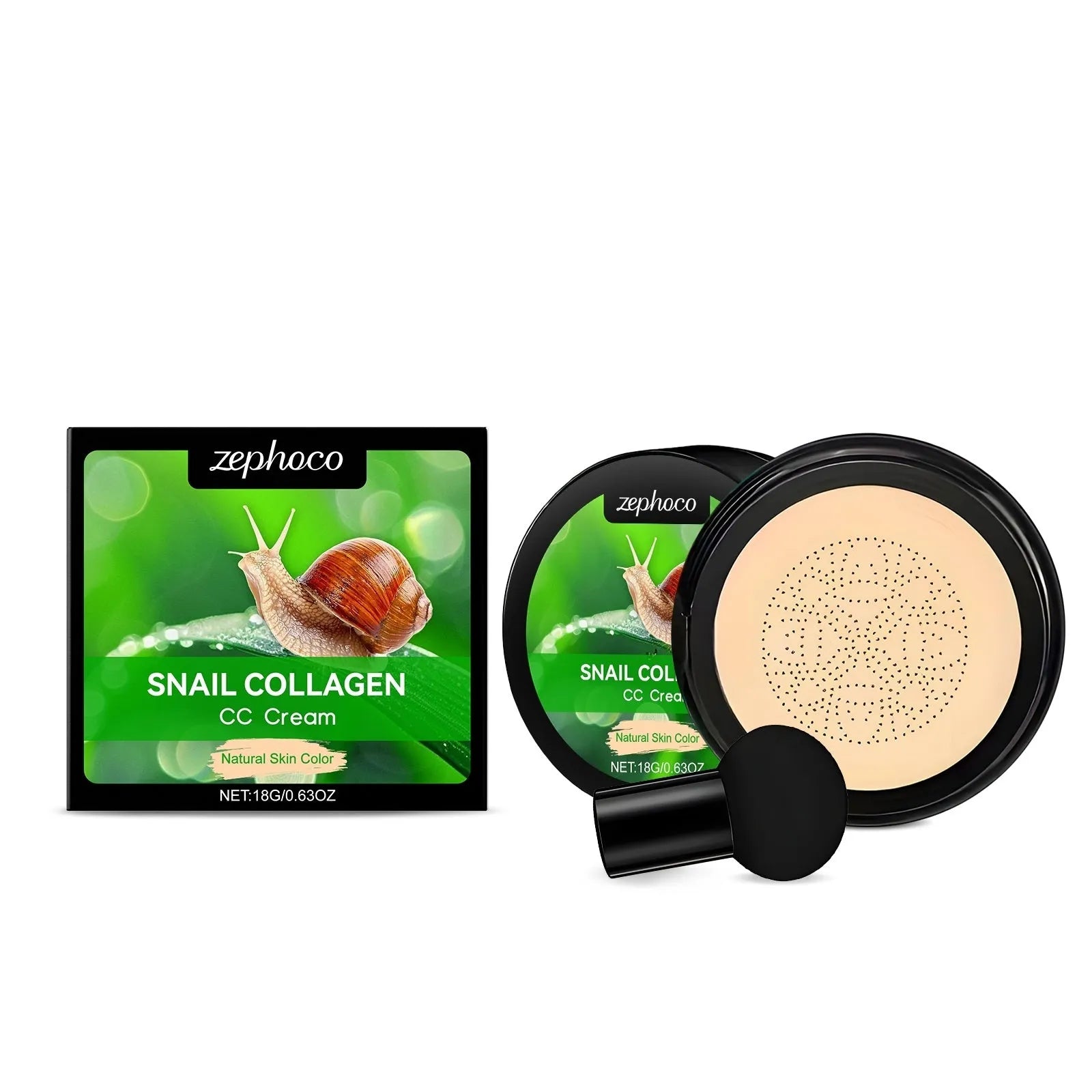 ZEPHOCO CC cream foundation tube with mushroom powder puff in ivory white and natural colour options