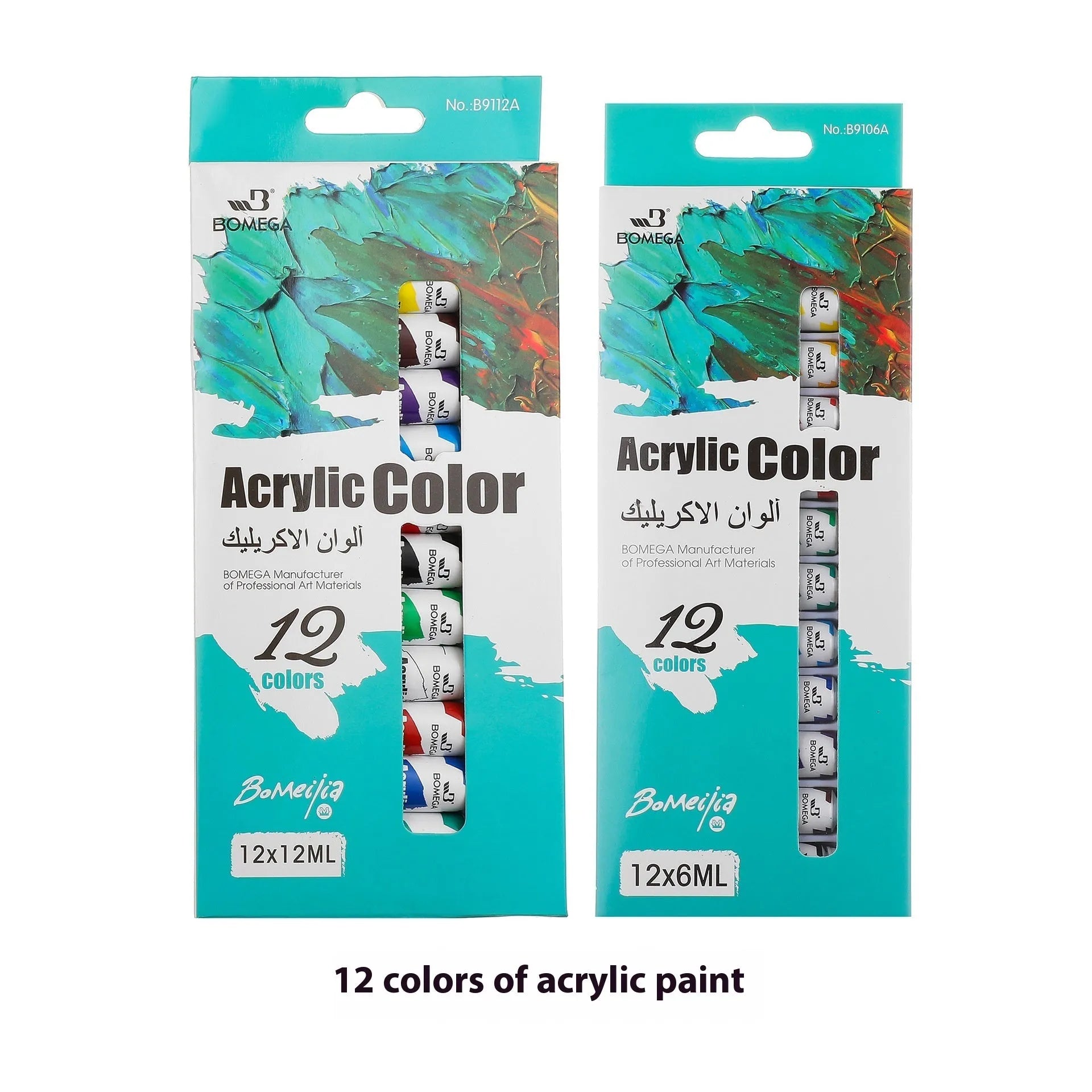 Twelve-colour multi-medium artist paint set showing tubes for acrylic, gouache, watercolour and oil painting techniques