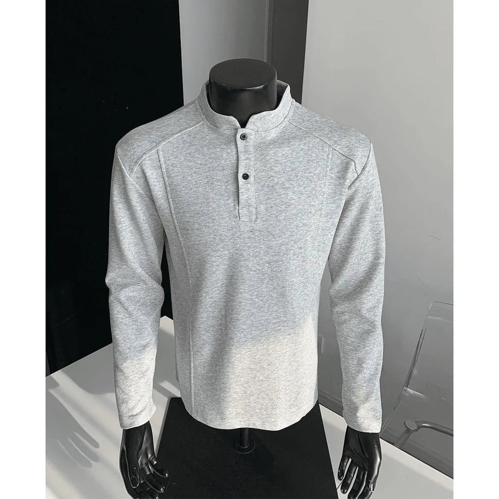 Men's loose fit asymmetric patchwork stand-up collar long sleeve shirt in grey.