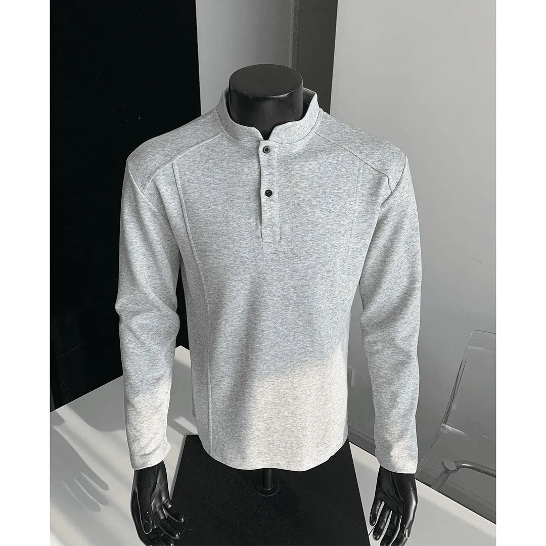 Men's loose fit asymmetric patchwork stand-up collar long sleeve shirt in grey.
