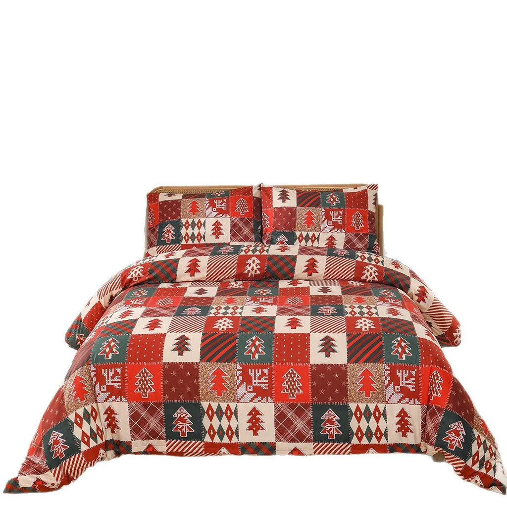 Christmas red plaid patterned duvet cover and pillowcases on a bed, showing European bed cover style.
