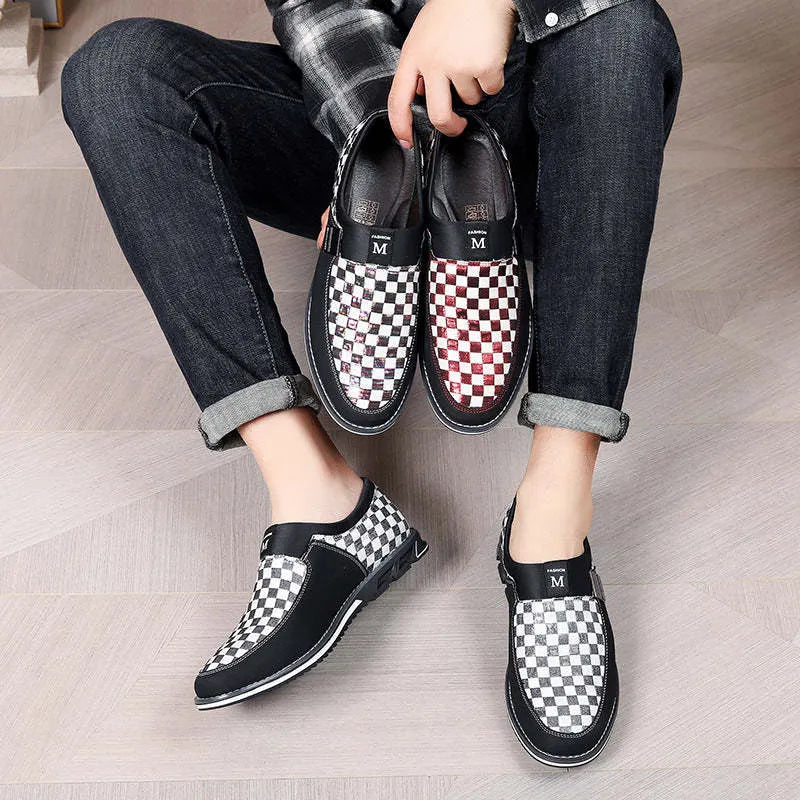 Men's large size business casual shoes with grid pattern and colour blocking, available in red, black, and white, sizes 39-50.