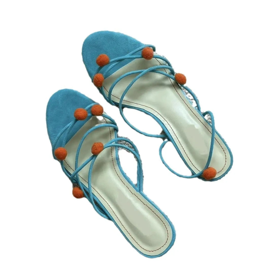 Cyan leather lace-up high-heeled sandals with open toe and thin strap design