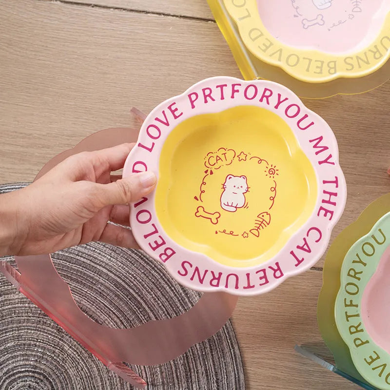 Ceramic cat bowl with anti-tumble acrylic lace in pink and blue colour option