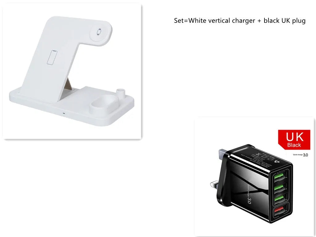 4-in-1 wireless charging station with phone, Apple Watch, and AirPods on adjustable magnetic stand