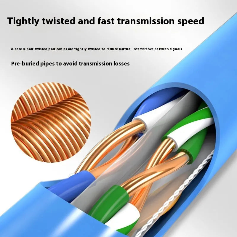 A large reel of blue or grey Cat 6A gigabit ethernet cable with oxygen-free copper conductors, showing 305m length.