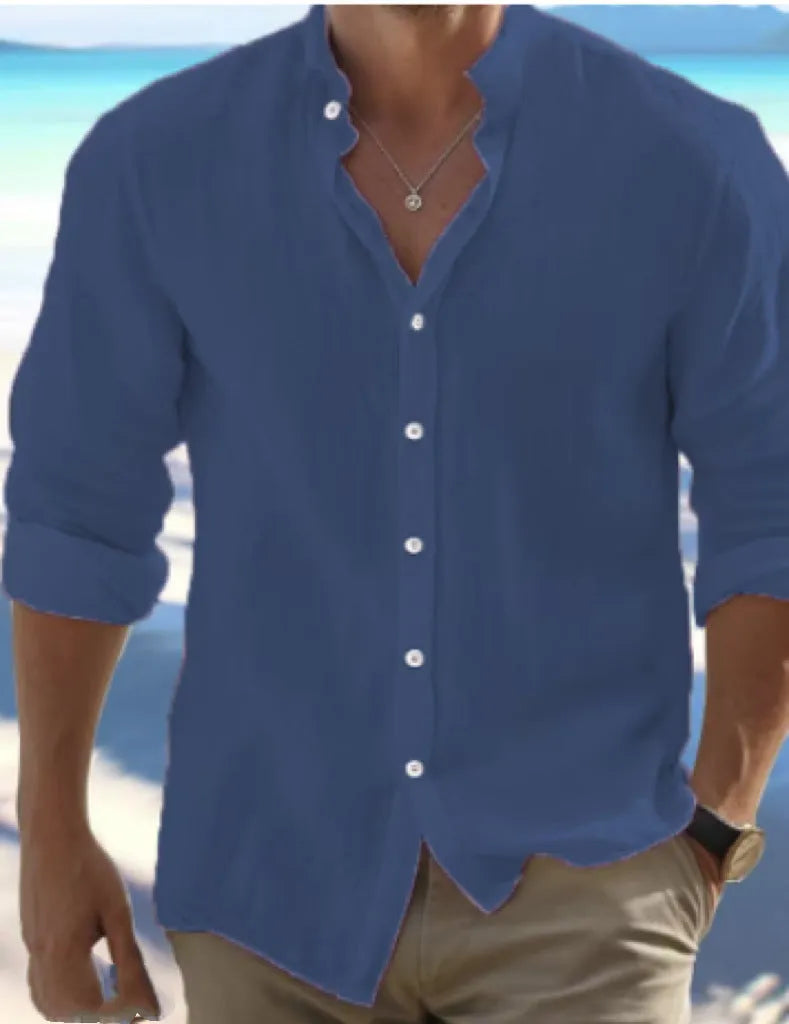 Man wearing a light blue long-staple cotton pullover collar summer shirt
