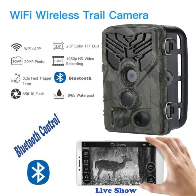 Wifi830 compact wildlife camera with camouflage finish showing lens, display, and mounting bracket