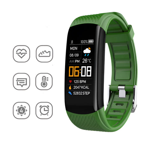 Adult sports silicone pedometer bracelet in multiple colours on wrist, showing 0.96-inch touchscreen display.