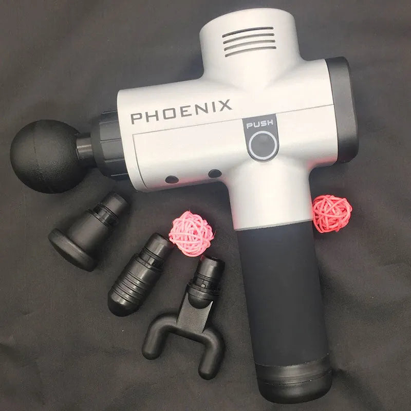 Black fascia massage gun with four attachment heads showing 29cm dimensions