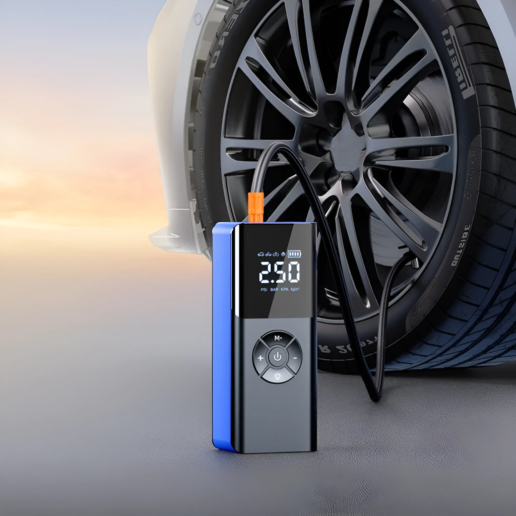 Blue wireless portable car tyre inflator with digital display and LED light on dark background