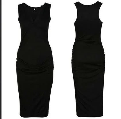 Black sleeveless maternity dress with deep V-neck for pregnancy casual wear