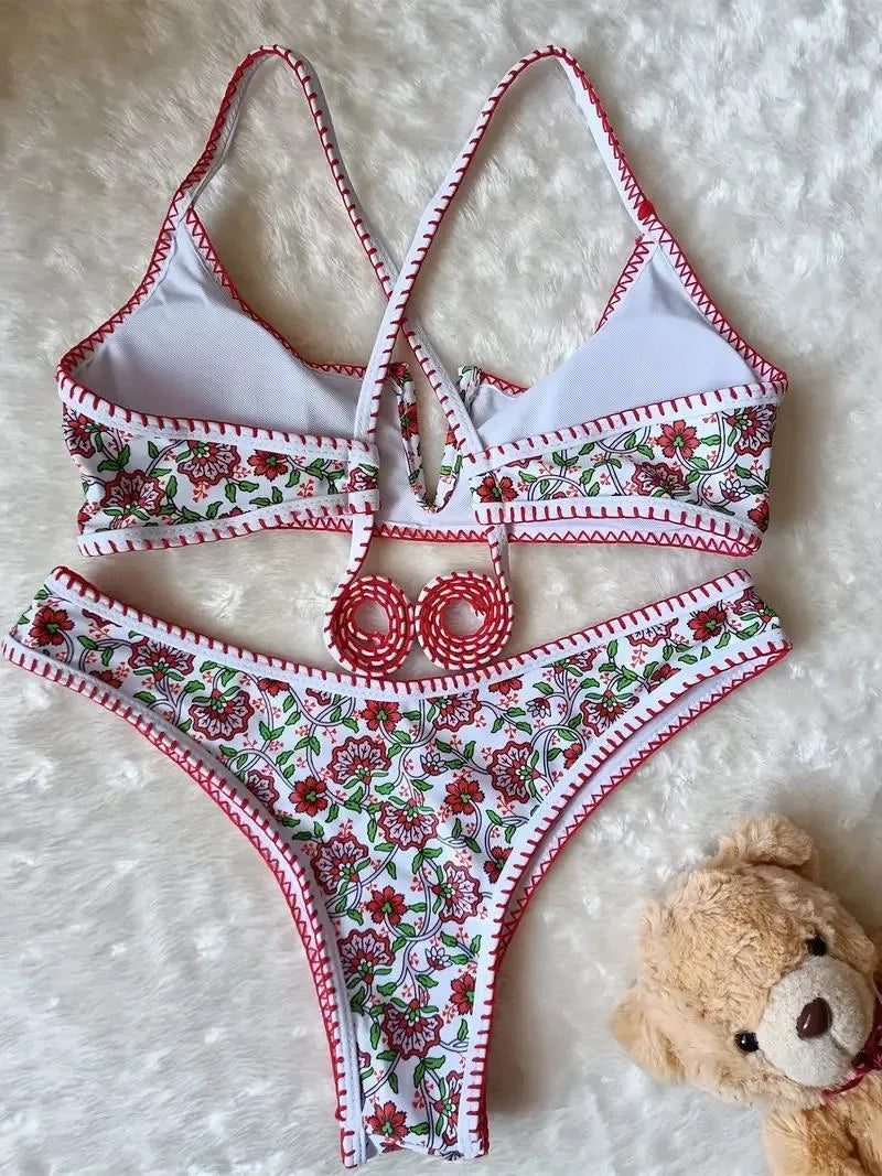 Women's V-neck floral embroidery printed swimsuit briefs in polyester fabric