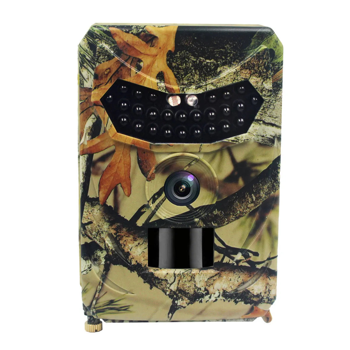 Yellow brown hunting game camera with infrared LEDs and wide-angle lens for outdoor monitoring