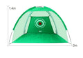 Black and green golf practice net tent set up on grass with fibreglass poles and target sheet