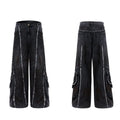 Distressed denim coat and matching black trousers set with gradient pattern and padded shoulders