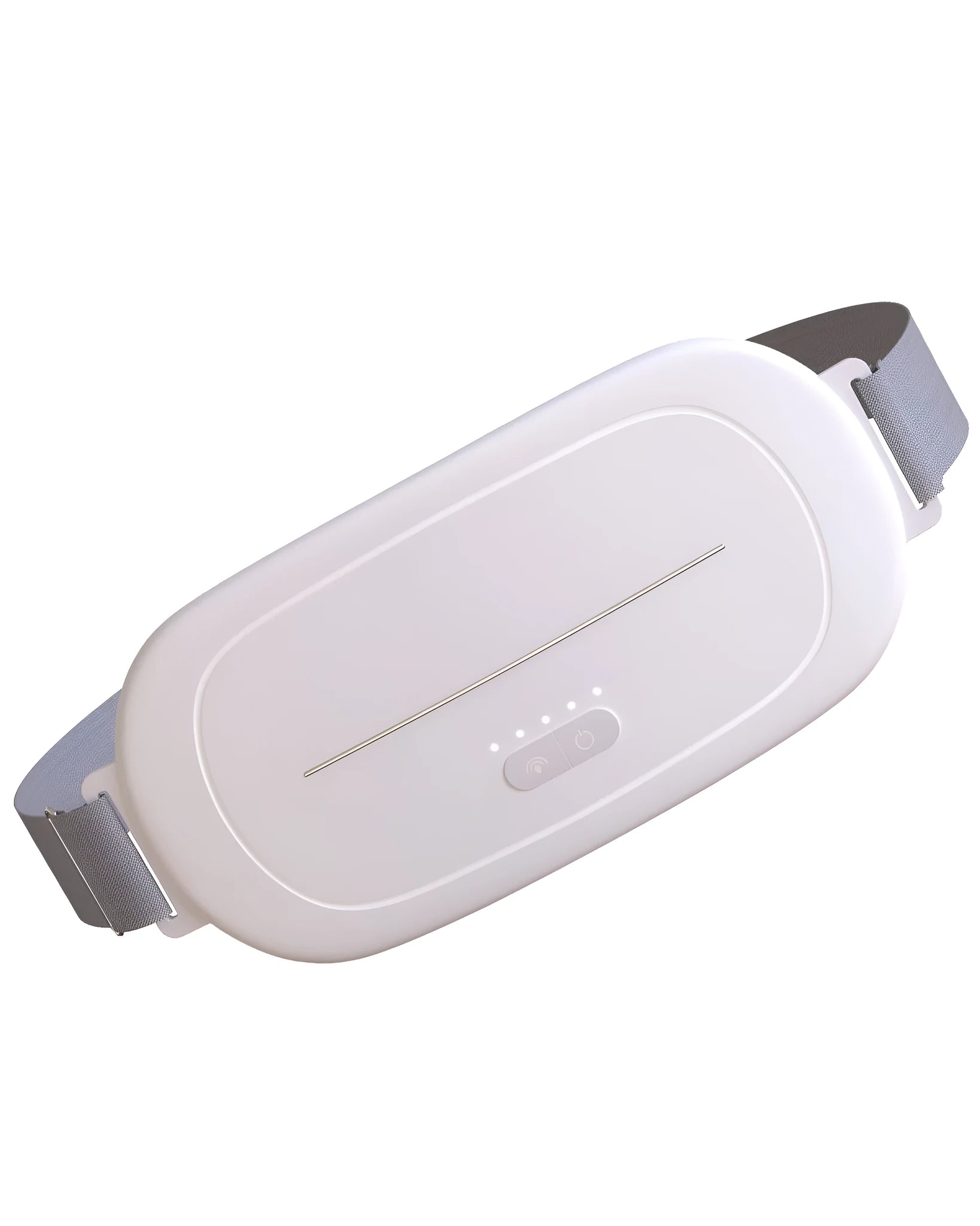 A white, cordless uterine warming device with soft silicone pads and a magnetic charging cable.