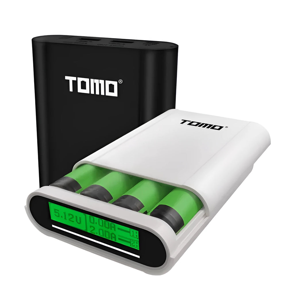 Black and white DIY mobile power box kit for 4x18650 batteries with LCD screen and dual USB outputs.