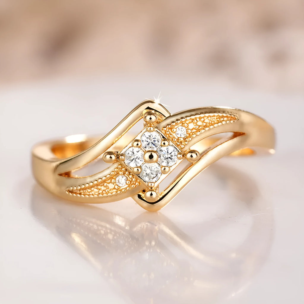 Women's copper diamond ring with geometric design and micro inlaid zircon stones in yellow gold finish